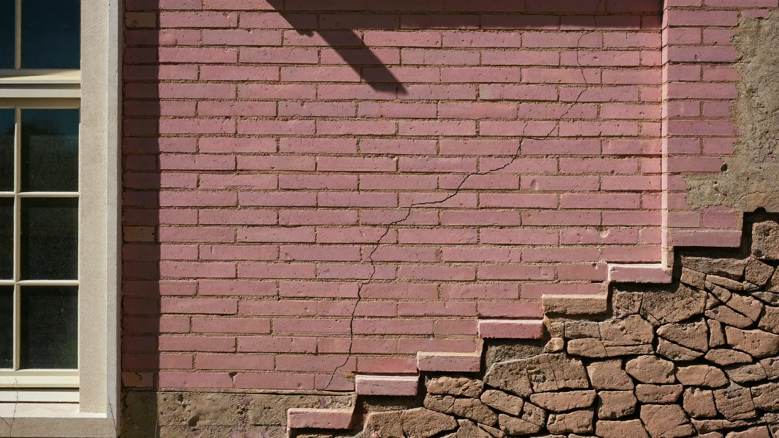 Fissure en escalier sur un mur extérieur en brique d'une maison toulousaine, sol argileux craquelé