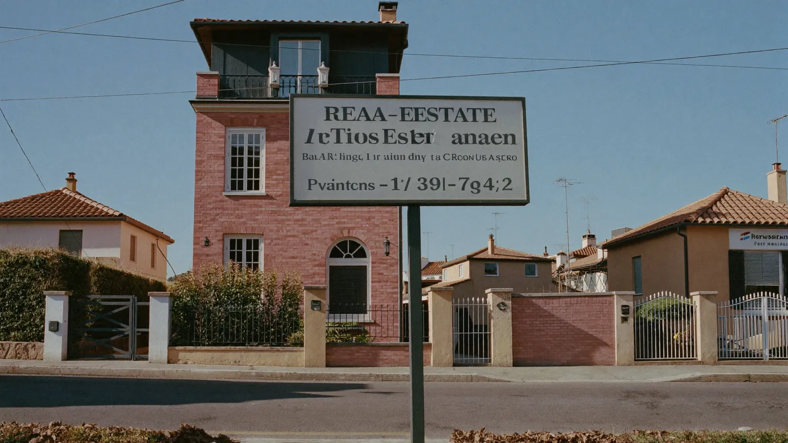 Façades de brique rose toulousaines avec panneaux d'agences immobilières